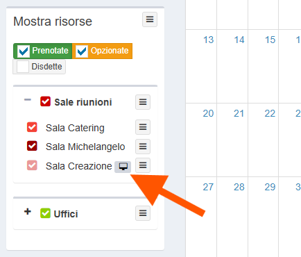 Screenshot vista calendario: elenco risorse con icona booking