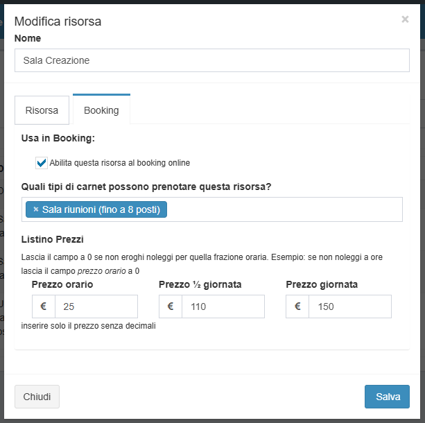 Screenshot della schermata per abilitare il booking in una risorsa/spazio