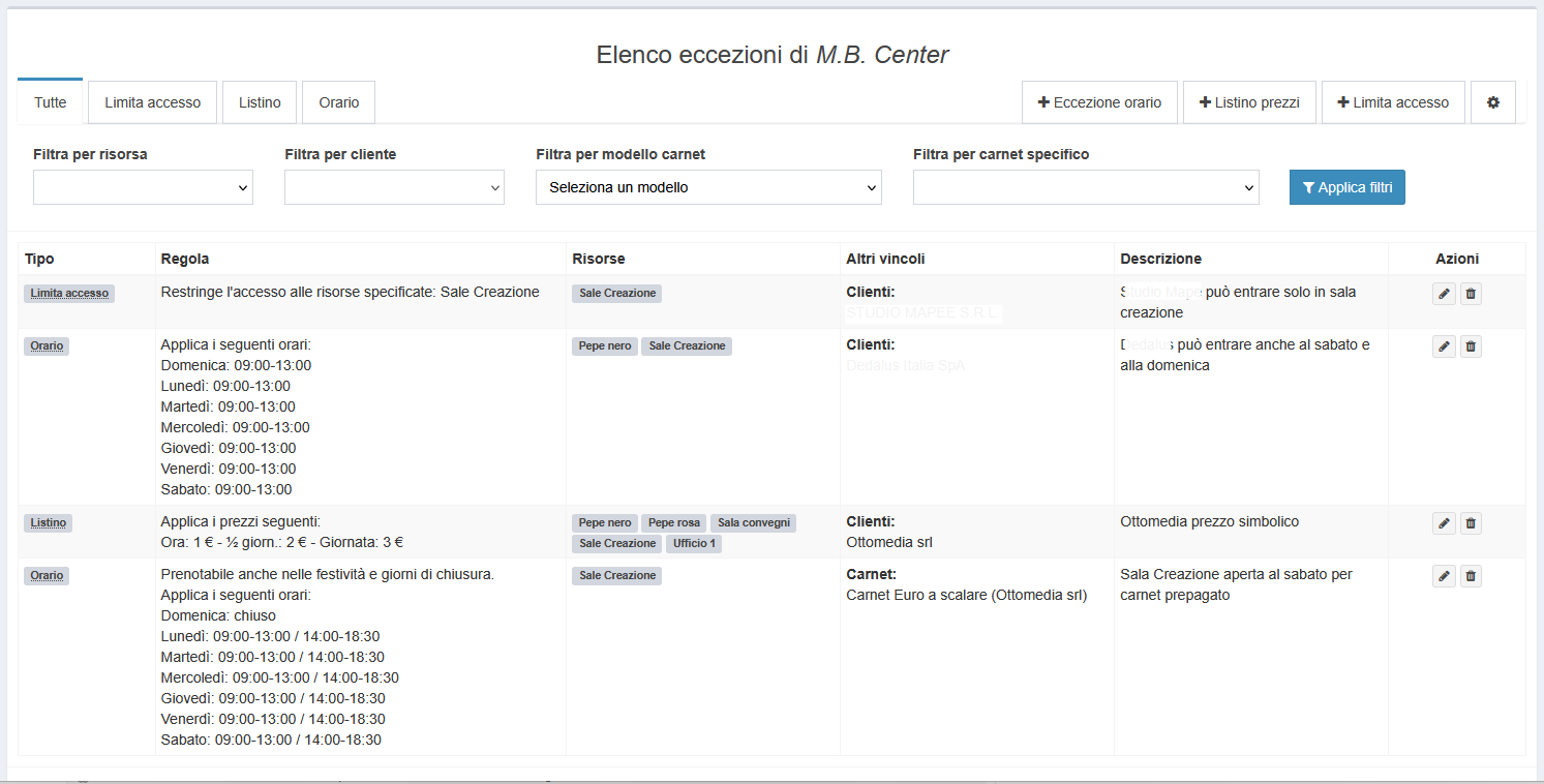 Screenshot dell'elenco eccezioni