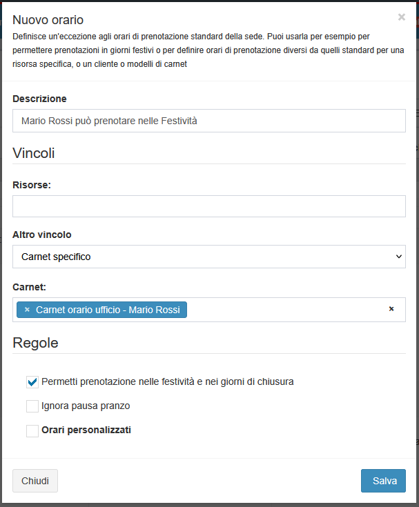 Esempio di Eccezione orario che permette la prenotazione nelle Festività ai possessori di un Carnet specifico