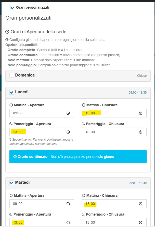 Esempio di eccezione orario che ignora la pausa pranzo per uno spazio specifico. Parte 2: gli orari personalizzati