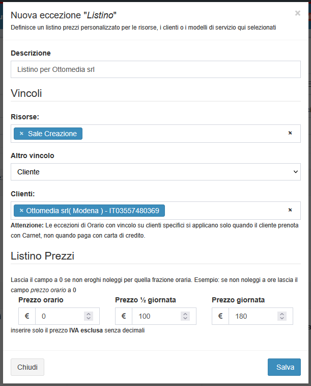 Esempio di eccezione Listino per un cliente specifico e una risorsa specifica