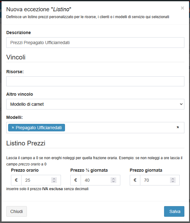 Esempio di eccezione listino applicato a un Modello di Carnet