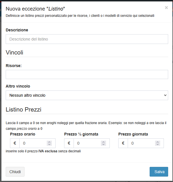 La schermata di inserimento nuova eccezione Listino