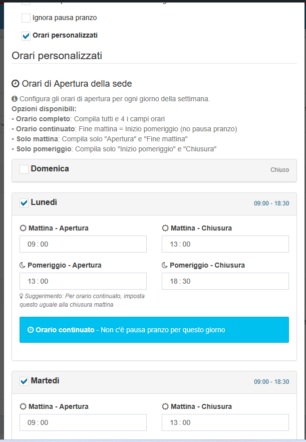 Nella schermata puoi inserire i giorni e gli orari di apertura