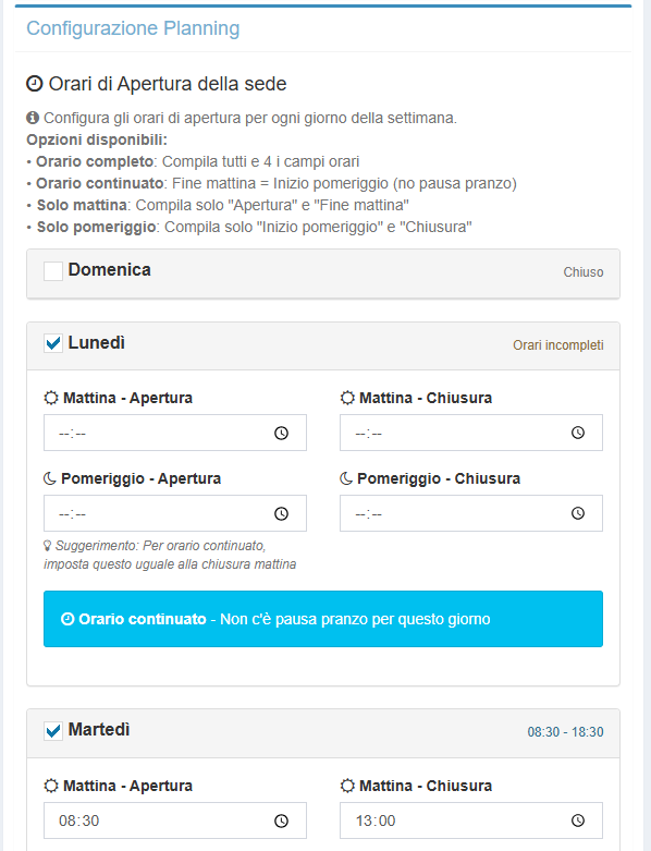 Screenshot della finestra Imposta orari di apertura