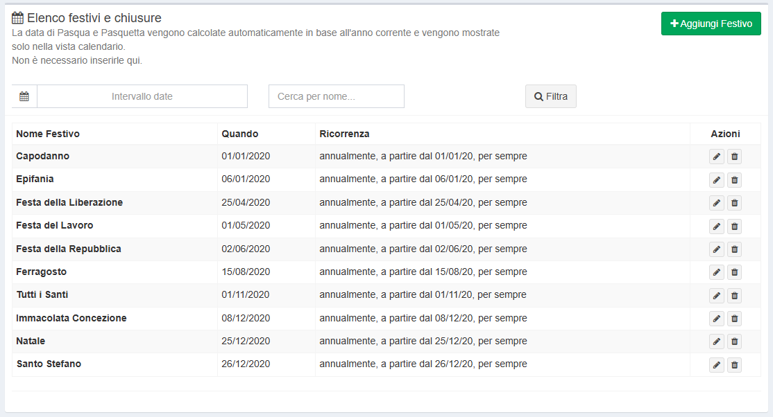 Screenshot dell'elenco festività e chiusure