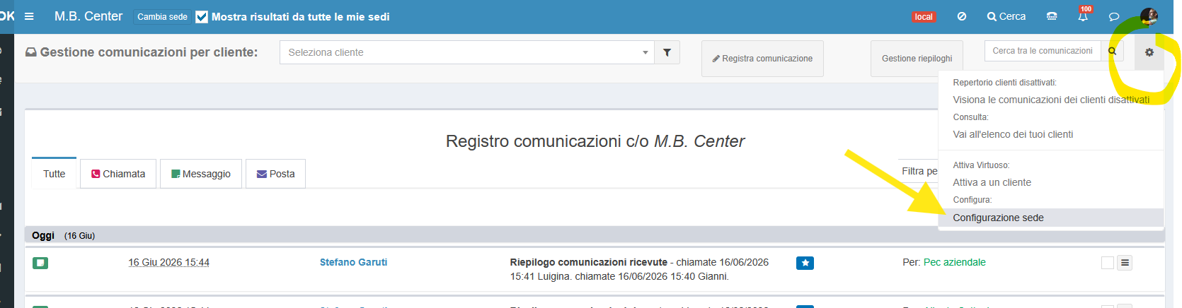 Screensot del menu Configurazione Sede