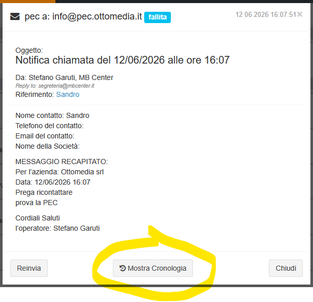 Screenshot: la schermata di dettaglio di una notifica con il pulsante per visualizzare la cronologia