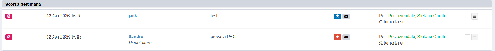 Screenshot: un estratto dell'archivio Comunicazioni con due PEC: una a buon fine, l'altra fallita