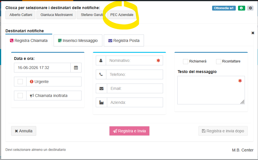 Screenshot: la schermata di inserimento comunicazione con il pulsante per notifica via PEC